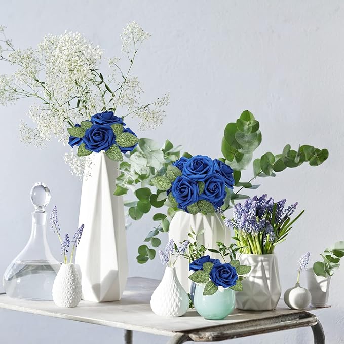 AmyHomie Artificial Flower Royal Blue Rose 25pcs Real Looking Fake Roses w/Stem for DIY Wedding Bouquets Centerpieces Arrangements Party Baby Shower Home Decorations