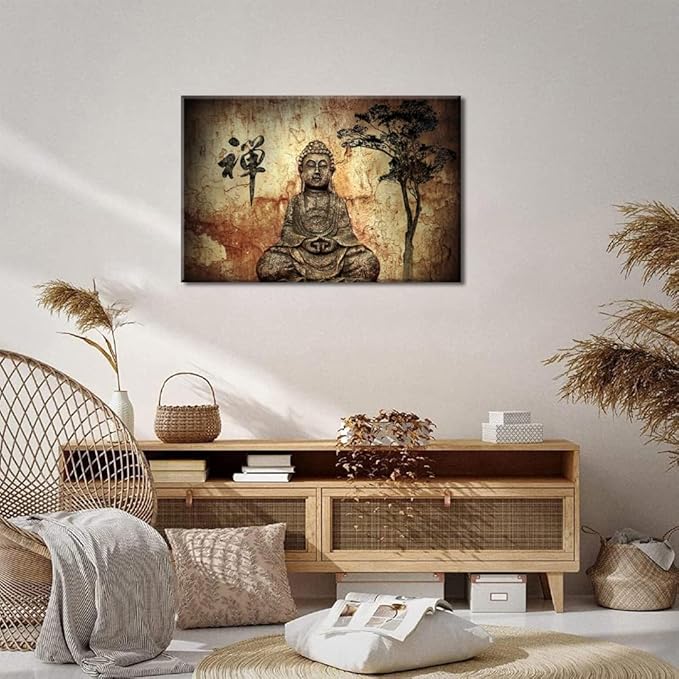 Piy Painting Buddha Canvas Wall Art for Living Room Bedroom Home Decoration, Peaceful Buda Statue Picture Print Painting Decor Giclee Artwork, Gallery Wrapped Gift, Inner Frame 24x36 IN