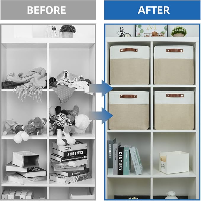 Temary Fabric Storage Baskets 12x12 Cube Bins 4 Pack Cloth Baskets for Shelf, Storage Cubes Bins Gift Empty (White&Khaki)