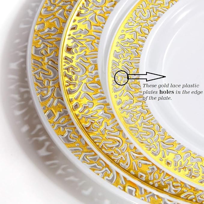 WDF 100pcs Gold Dessert Plates 7.5" with 100 Pieces Disposable Forks 7.4", Lace Design Fancy Appetizer Small Salad and Cake Plates for Thanksgiving Party/Weeding