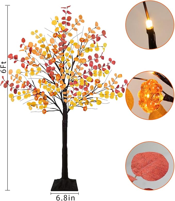 Uieke 4FT 48LED Lighted Fall Eucalyptus Tree Artificial Fall Tree with 12PCS Pumpkins & 8 Modes Thanksgiving Fall Decorations for Home Autumn Decor Indoor Outdoor