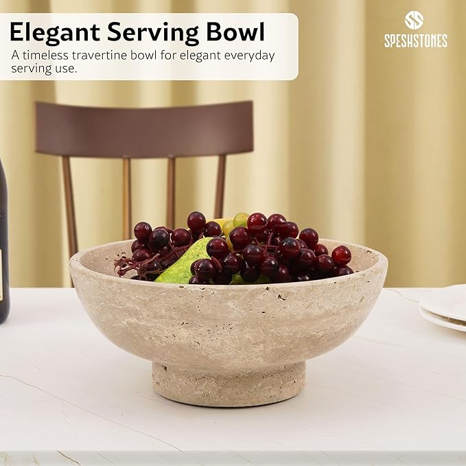 Marble Fruit Bowl 10 Inch Handmade Large Decorative Bowl for kitchen Counter - Modern Travertine Serving Dish for Fruits & Snacks - Pedestal Bowls for Dining Room & Coffee Table Decor