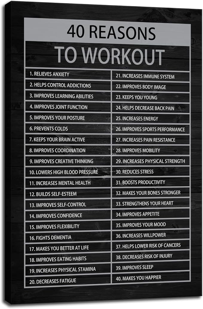 40 Reasons to Workout Motivational Quotes Exercise Canvas Wall Art Inspirational Fitness Poster Print Modern Inspiring Picture Painting Framed Artwork for Office Gym Home Wall Decor[12''W X 18''H]