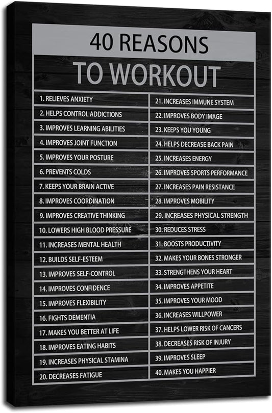 40 Reasons to Workout Motivational Quotes Exercise Canvas Wall Art Inspirational Fitness Poster Print Modern Inspiring Picture Painting Framed Artwork for Office Gym Home Wall Decor[12''W X 18''H]