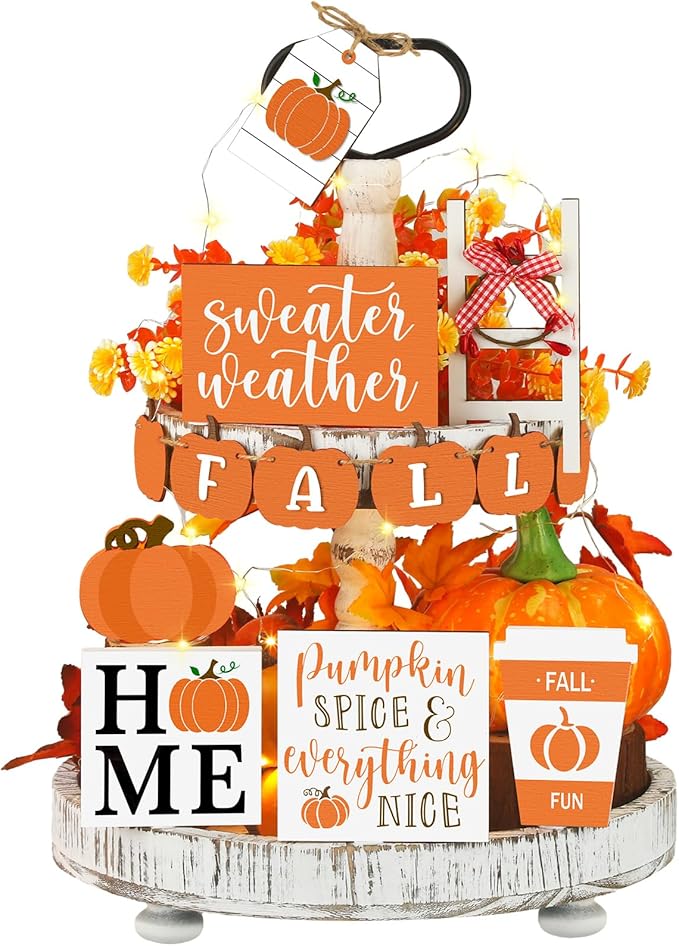 Sumind 15 Pcs Fall Tiered Tray Decor Set Fall Decorations for Home Autumn Wood Signs Thanksgiving Orange Brown Table Signs Farmhouse Wooden Maple Pumpkin Gnomes Tabletop for Festival(Home)