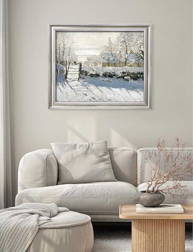 DECORARTS - Claude Monet The Magpie Giclee Print with Silver Solid Wood Frame, Impressionist Large Framed Wall Art, Ready to Hang, Framed Size 34.75x28.75, Made in USA