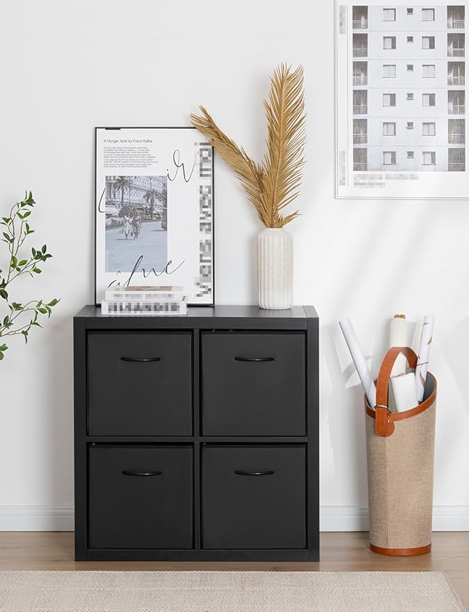 StorageWorks Black Storage Cubes, 13-inch Leather Bins with Handle, Cube Organizer Baskets for Shelves and Closet, Collapsible Storage Bins, 4-Pack