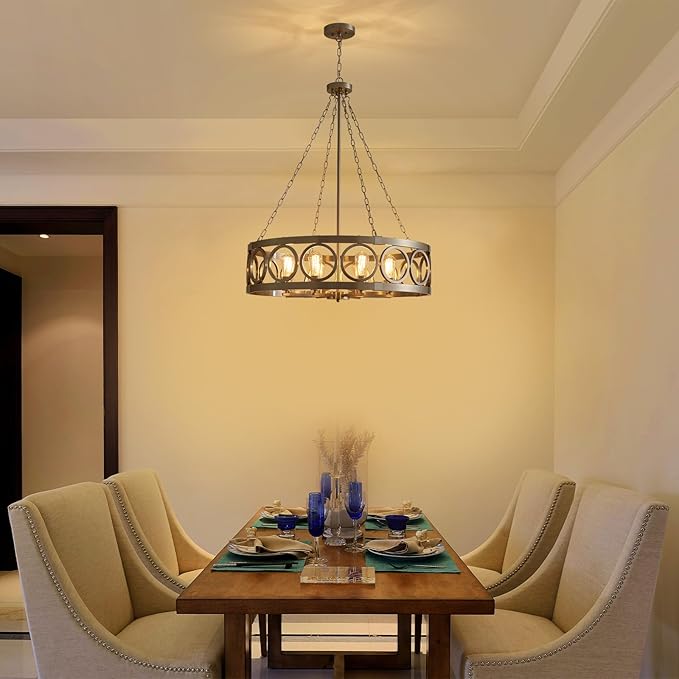 XINGQI Large Drum Chandelier 32.3" Modern Brushed Nickel 8-Light Round Chandeliers for Dining Room Living Room Office Kitchen Island Rustic Pendant Lighting Fixture Over Table