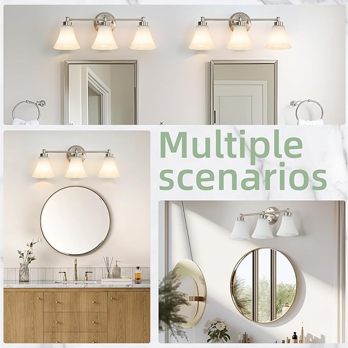 LOUSACE 3 Light Bathroom Vanity Light Vintage Brushed Nickel Bathroom Lighting Fixtures Over Mirror, Traditional Wall Sconce Lighting with Opal Glass Shade, Nickel Vanity Lighting Fixture