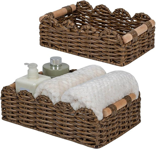 CubesLand PP Wicker Scalloped Edge Floating Shelves Baskets Set 2, Toilet Basket for Over Toilet Storage Shelf, Ending Table, Nightstand Organizing and Home Décor, Rattan Basket Come with Wood Handle