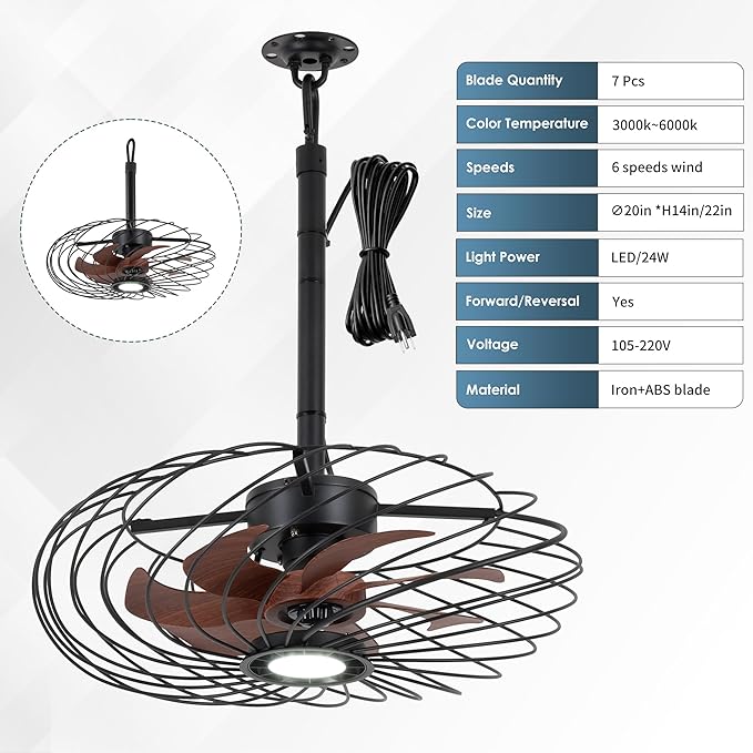 20" Outdoor Ceiling Fan with Light, Waterproof Gazebo Fan Remote Control, Dimmable LED Light, Hanging Black Caged Ceiling Fixtures with Plug in Cord for Patios Pergola