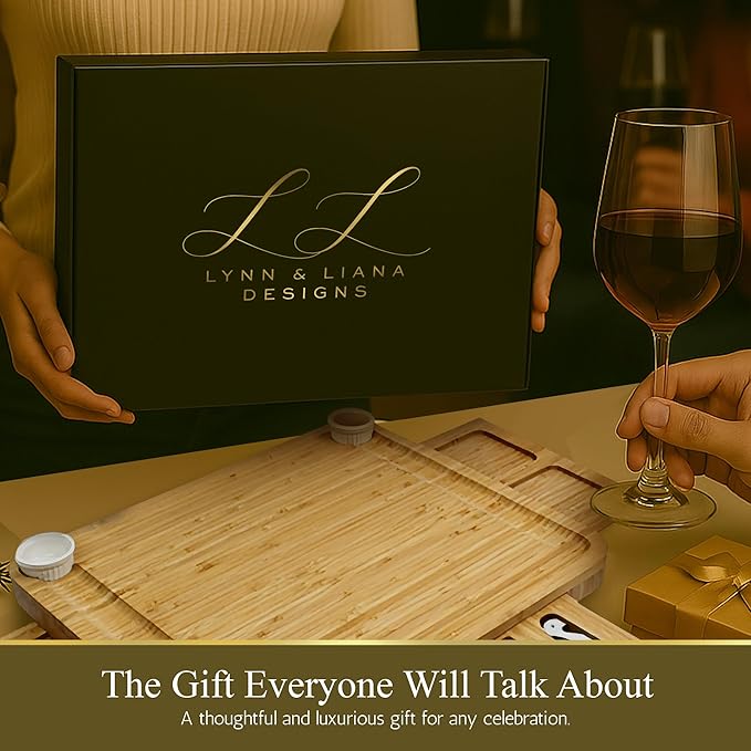 Lynn & Liana Luxury Charcuterie Board with 4-Piece Cheese Knife Set, Corkscrew & Bottle Opener Gift Set, Expandable Bamboo Cheese Board, Wedding Gift, Housewarming, Birthday, Bridal Shower