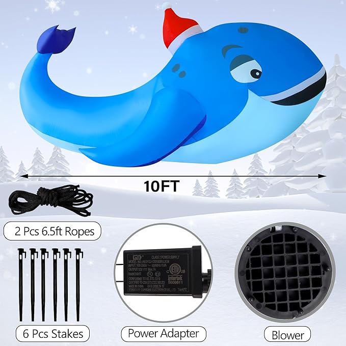 DR.DUDU 10 FT Christmas Inflatable Outdoor Decorations, Blow Up Whale Inflatables with Santa Hat LED Lights for Yard Lawn Garden Outside Large Xmas Holiday Decoration