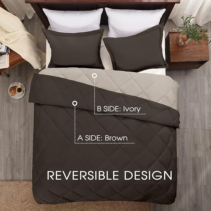 Basic Beyond King Size Comforter Set - Brown Comforter Set King, Reversible King Bed Comforter Set for All Seasons, Brown/Ivory, 1 Comforter (104"x92") and 2 Pillow Shams (20"x36"+2")