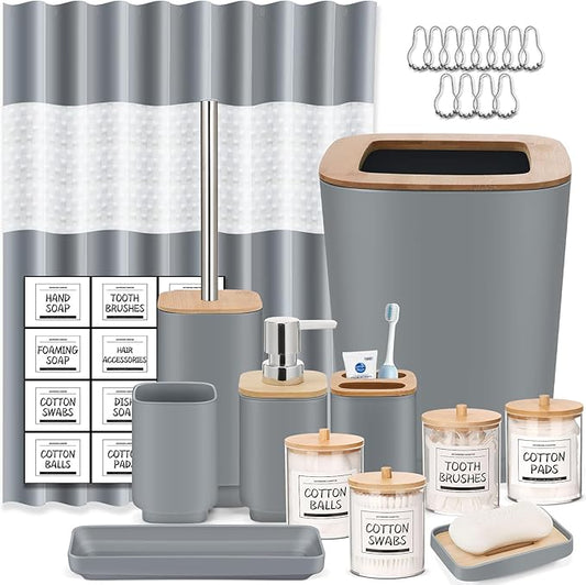 Bathroom Accessories Set,Grey Bathroom Set,24 Pieces Bathroom Accessory Set with Shower Curtain,Trash Can for Bathroom Accessories Décor and Home Gifts