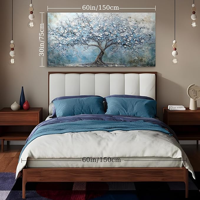 crmotu Tree of Life Large Wall Art for Living Room, Cherry Blossom Tree Abstract Art Prints Canvas Pictures, Modern Blue White Aesthetic Painting Bedroom Bathroom Home Office Wall Decor 30"X60"