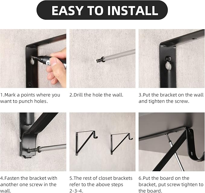 HOME MASTER HARDWARE Heavy Duty Closet Shelf Rod Brackets, Wall Mounted Closet Shelves Bracket with Rod Shelving Support, Black with Screws 4 Pack