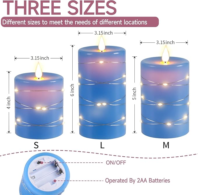 Da by Flameless Candles with String Lights，Battery Operated Candles,LED Flickering Candles with Remote Control and Timer, Real Wax, 3 Pack-Blue
