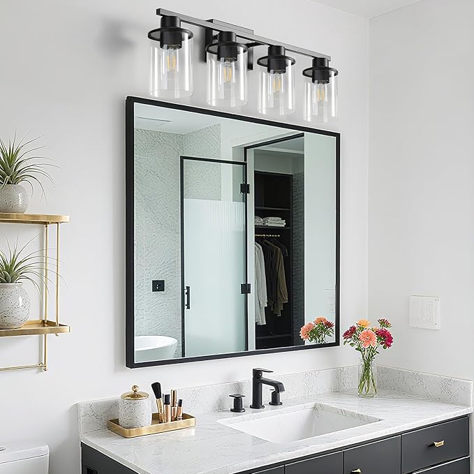 LOUSACE 4 Light Bathroom Vanity Light, Matte Black Bathroom Light Fixtures, Modern Bathroom Lights Over Mirror with Clear Glass Shade, Wall Sconce Lighting for Bedroom Living Room