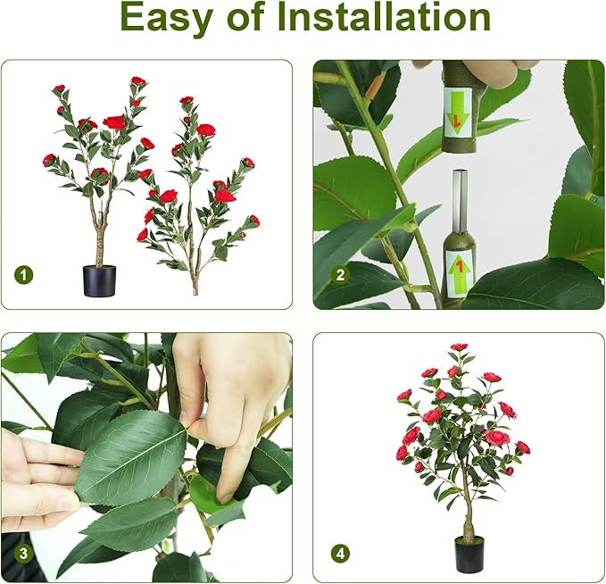 4ft Artificial Camellia Tree with White Silk Flowers - Realistic Faux Flowering Plant for Indoor/Outdoor Decor, Home Staging & Wedding Centerpieces, Set of 2-Red