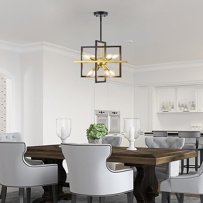 Small Modern Lantern Chandeliers, Geometric Black Gold Pendant Light Fixture, 8-Light Industrial Hanging Chandelier for Dining Room, Kitchen, Bedroom, Foyer, Entryway-UL Listed