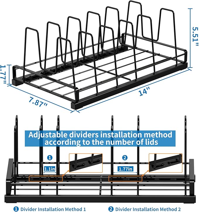 Food Container Lid Organizer, Adjustable 6 Dividers Full-Metal Pot and Pan Organizer Rack for Kitchen Cabinets, Drawers, Cupboards, Pantry Shelves Storage, Black