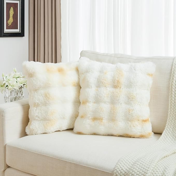 FUTEI Yellow White Decorative Throw Pillow Covers 20x20 Inch Set of 2,Soft Fuzzy Faux Rabbit Fur Cushion Covers with Raised Texture,Neutral Boho Home Decor for Couch Bed Living Room