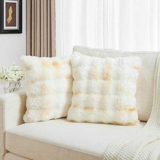 FUTEI Yellow White Decorative Throw Pillow Covers 20x20 Inch Set of 2,Soft Fuzzy Faux Rabbit Fur Cushion Covers with Raised Texture,Neutral Boho Home Decor for Couch Bed Living Room