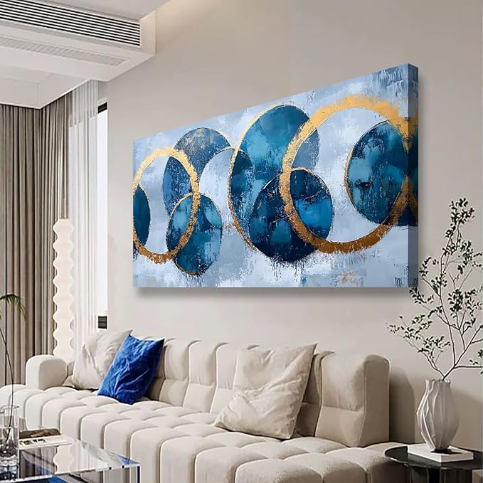 Abstract Pictures Canvas Wall Art for Living room Office Bedroom Wall Decor, Ring Wall Art Print Paintings Modern Blue Golden Abstraction Artwork Waterproof Ready to Hang-20x40inch