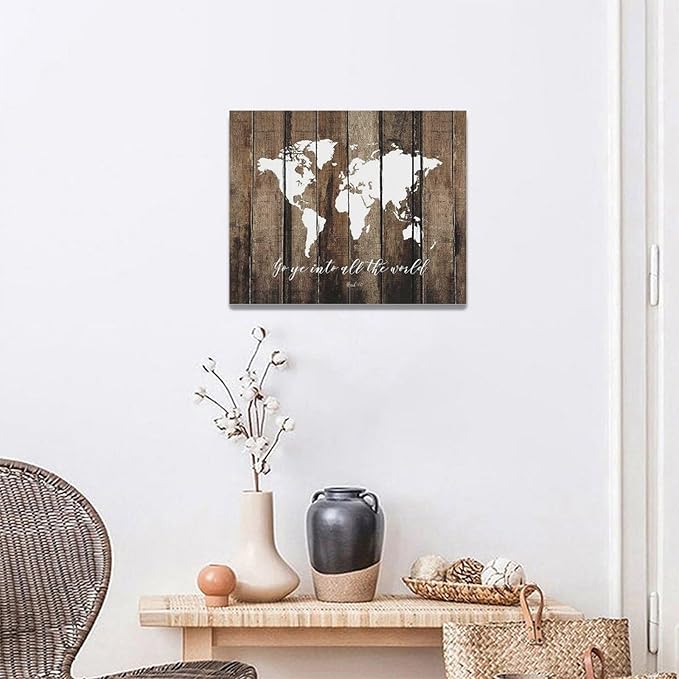 Large World Map Wall Art Rustic World Map Pictures Wall Decor Go Ye Into All The World and Preach The Gospel Canvas Painting Print Home Artwork Framed for Living Room Bathroom Master Bedroom 20"x16"