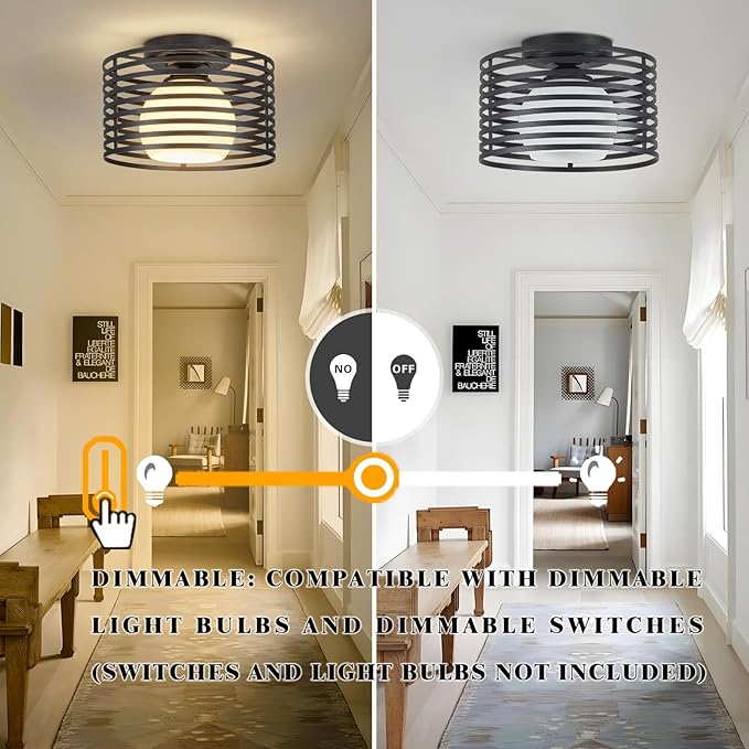 Modern Industrial Matte Black Small Semi Flush Mount Ceiling Light Fixture,Close to Ceiling Lamp Lighting Fixtures With Milk Glass Cover,for Closet Hallway Bathroom Foyer Entryway Pantry Laundry room