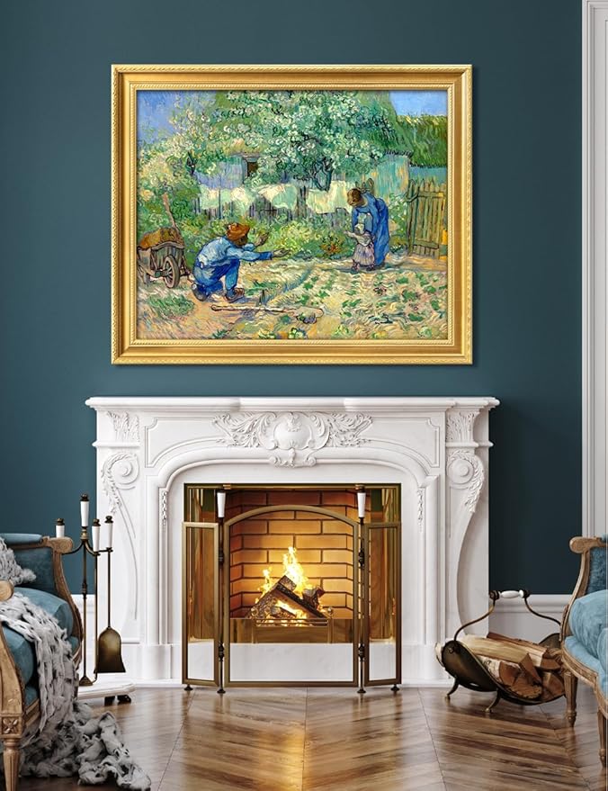 DECORARTS - Vincent van Gogh's First Steps (After Millet), Museum-Quality Giclee Canvas Print in Gold Solid Wood Frame, 34.75 x 28.75 in, Ready to Hang, Made in USA