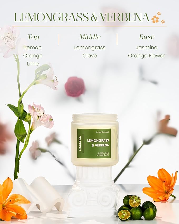M&SENSE Lemongrass Verbena Scented Candle - 11.6oz 70 Hours Burn Time Natural Soy Wax Non-Toxic Candle, 2-Wick Aromatherapy Home Decor Fragrance Gifts for Relaxation & Stress Relief
