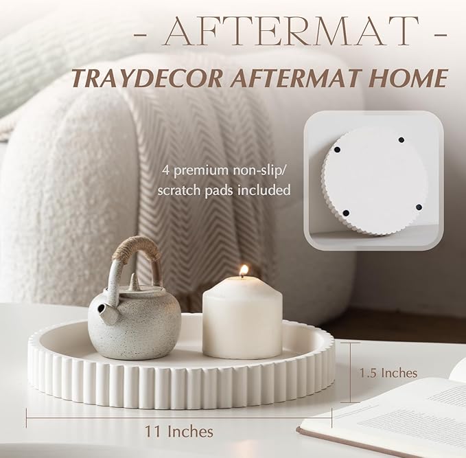 Decorative Tray for Coffee Table, Living Room, Side Table, 11" White Round Concrete Home Decor Serving Trays for Accent Table, Console Table