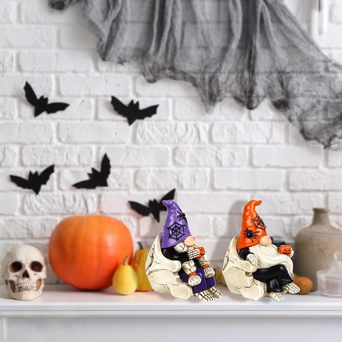 Halloween Gnomes Decorations 2 PCS Resin Skull Decor Skeleton Tabletop Figurines Indoor Holiday Collectible Statue for Women Men Kids