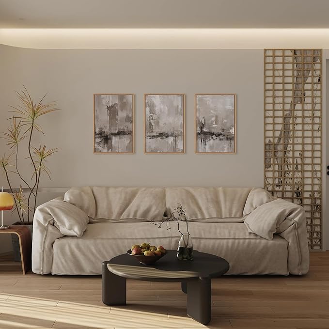 KAIRNE 3 Piece Abstract Neutral Gray & Beige Pastel Framed Canvas Wall Art Set - Minimalist Shapes, Modern Brush Stroke Design - Perfect for Living Room, Bedroom, Office Decor - 16"x24"