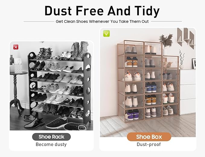 Kuject X-Large Shoe Storage Boxes Organizers for Closet 12 Pack, Fit Size 11,Clear Plastic Stackable Sneaker Containers for Entryway, Space Saving Shoe Rack,Substitute for Drawer Organize Unit, Brown