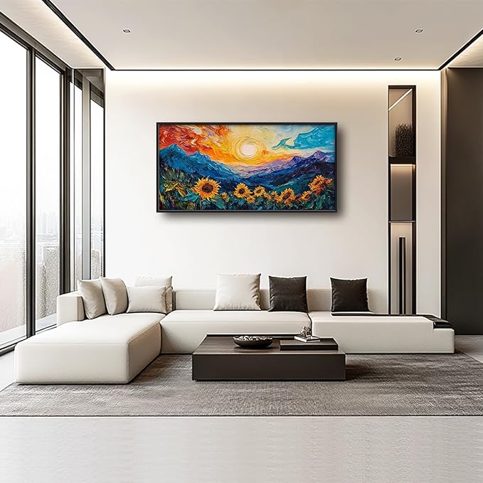 Starry Night Sunflowers Framed Wall Art for Living Room, Large Flowers Canvas Wall Decor, Vintage Florals Pictures Painting, Modern Artwork for Bathroom Bedroom 60L'' × 30W''