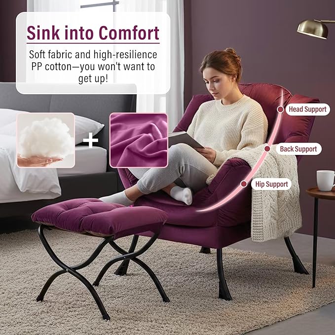 Lazy Chair with Ottoman, Modern Chair with Folding Footrest, Lounge Accent Chair, Comfortable Reading Chair (Velvet Dark Purple)