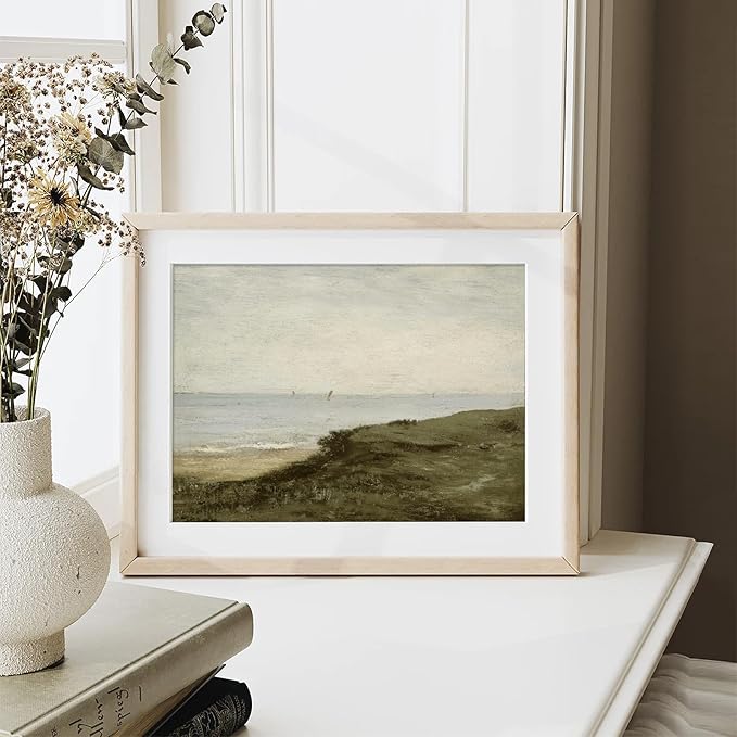 RETRART Vintage Wall Art, Vintage Seaside Landscape Painting - Muted Green Prints - Antique Wall Art Print, 8" x 10" Unframed Canvas Prints for Bedroom Living Room Bathroom Wall Decor