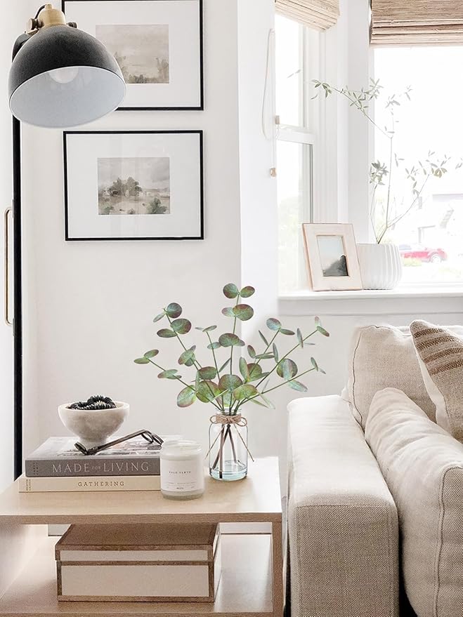 Fall Fake Eucalyptus Stems in Glass Vase with Faux Water 14" Fake Fall Plants with Artificial Eucalyptus Leaves Fall Decorations for Home Bathroom Desk Coffee Table Centerpiece Office Farmhouse Decor