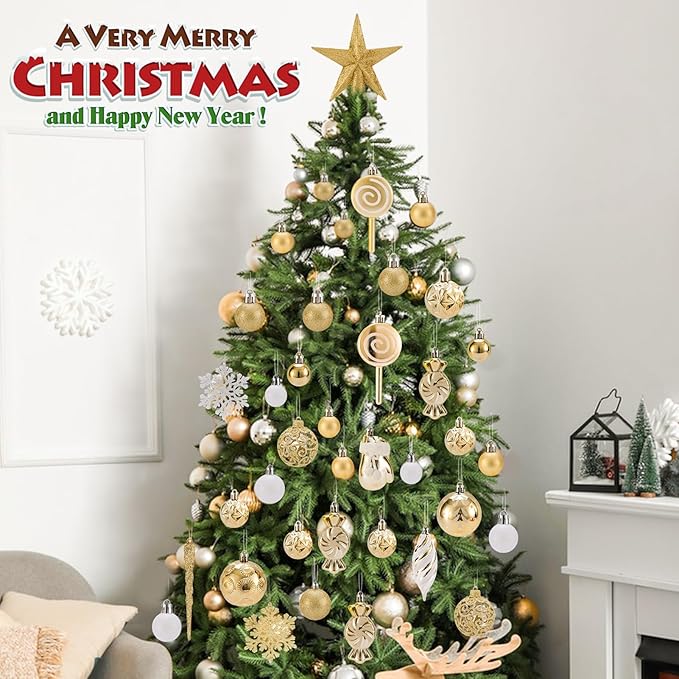 130 Pcs Christmas Ball Ornaments, Christmas Tree Decoration Set Golden Christmas Ball Shatterproof Hanging Ornament Decorations for Christmas Tree, Wreaths, and Outdoor Displays (Golden)