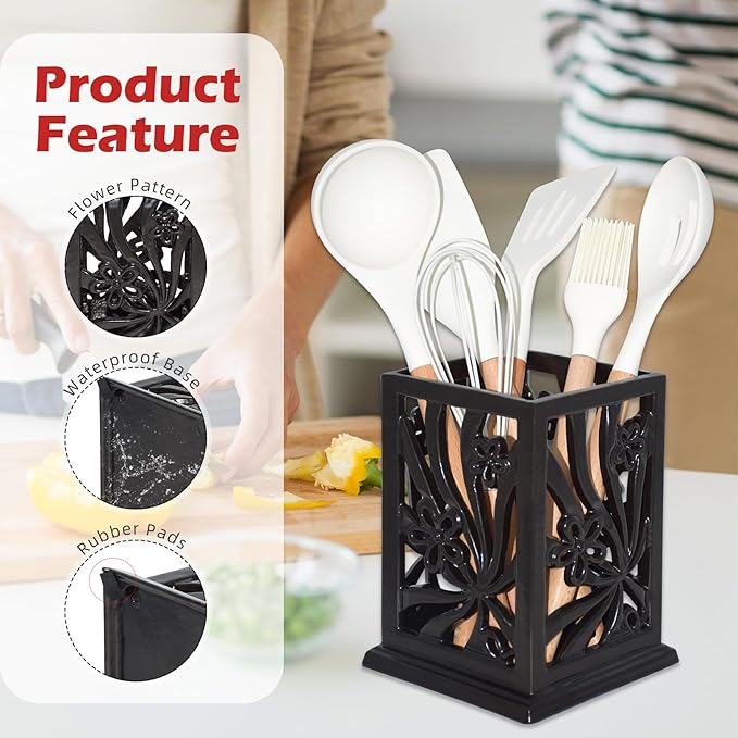 Kitchen Utensil Holder for Countertop Vintage Cast Iron Metal Utensil Storage Spatula Holder for Kitchen Counter with Hollowed-out Daffodil Pattern, Black