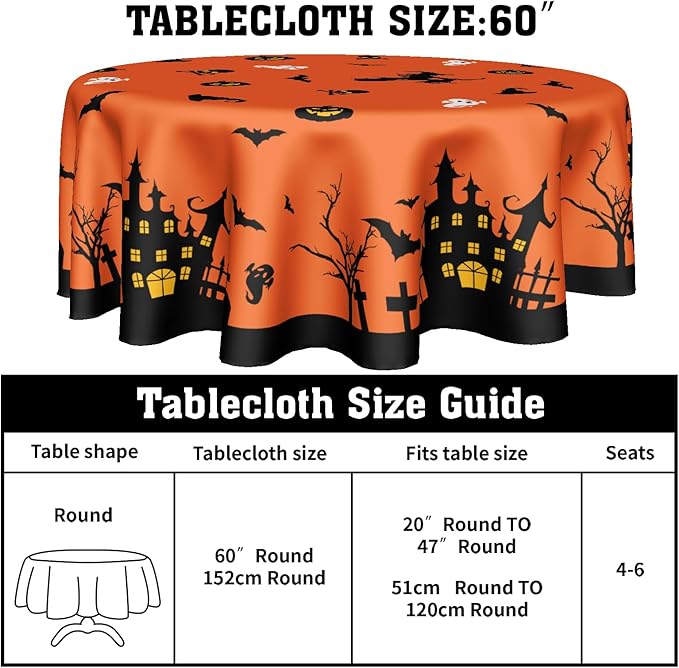 Kawani Halloween Tablecloth Round 60 Inch Orange Table Cloths Halloween Bat Castle Decorative Table Cover Durable Table Cloth Round Cover for Kitchen Dining Room Holiday Tablecloth for Dinner Party