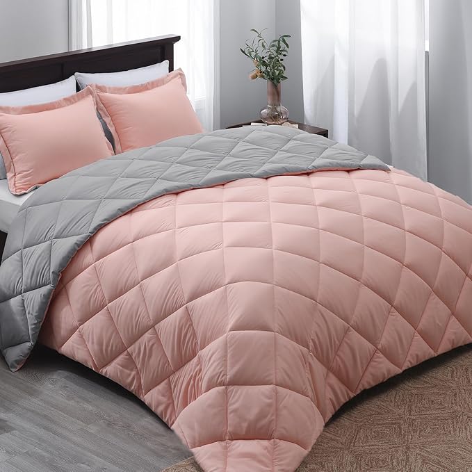 Basic Beyond King Size Comforter Set - Pink King Size Comforter Set, Reversible King Bed Comforter Set for All Seasons, Baby Pink/Grey, 1 Comforter (104"x92") and 2 Pillow Shams (20"x36"+2")