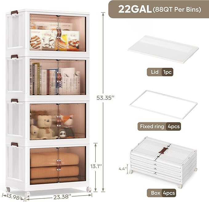 Jalove 88QT Plastic Storage Bins with lids, Stackable Collapsible Storage Containers with Wheels, Closet Organizer and Storage Drawers, Clothes Storage Cabinet for Home Office Garage, 4 Pack White