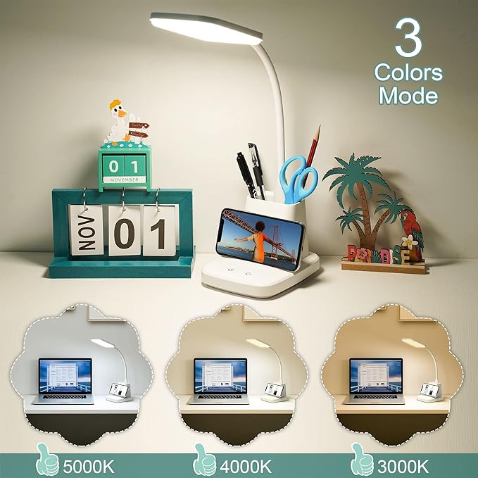 LED Desk Lamp with Wireless Charger, Sailstar White Desk Light with Pen Holder, 3 Color Modes with Stepless Dimming, CRI 85, 800 Lumen, Study Lamps for College Dorm Room, Home Office, Adapter Included