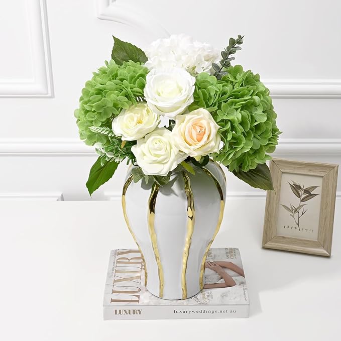 Artflower 4Pcs Real Touch Hydrangea Artificial Flowers, 22.5'' White & Green Faux Full Latex Hydrangea Flowers for Home Decor Floral Arrangements Wedding Bouquets Table Centerpiece Decorations