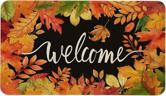 Fall Welcome Doormat 30x17 Inch Fall Leaves Front Door Mat Indoor Outdoor Entrance Floor Mats Non-Slip Washable Seasonal Autumn Thanksgiving Home Decor Rugs