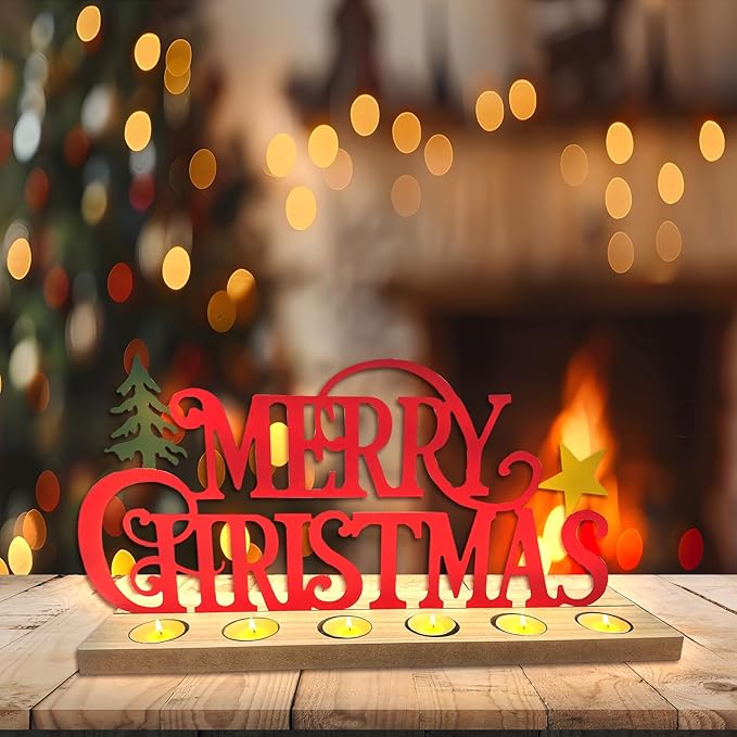 Merry Christmas Metal Sign Rustic Table Decorations with Wooden Base, Tiered Tray Decor with 18pcs Tealights, Table Centerpieces Metal Word Sign for Xmas Party Home Indoor Office Tabletop Mantel Shelf